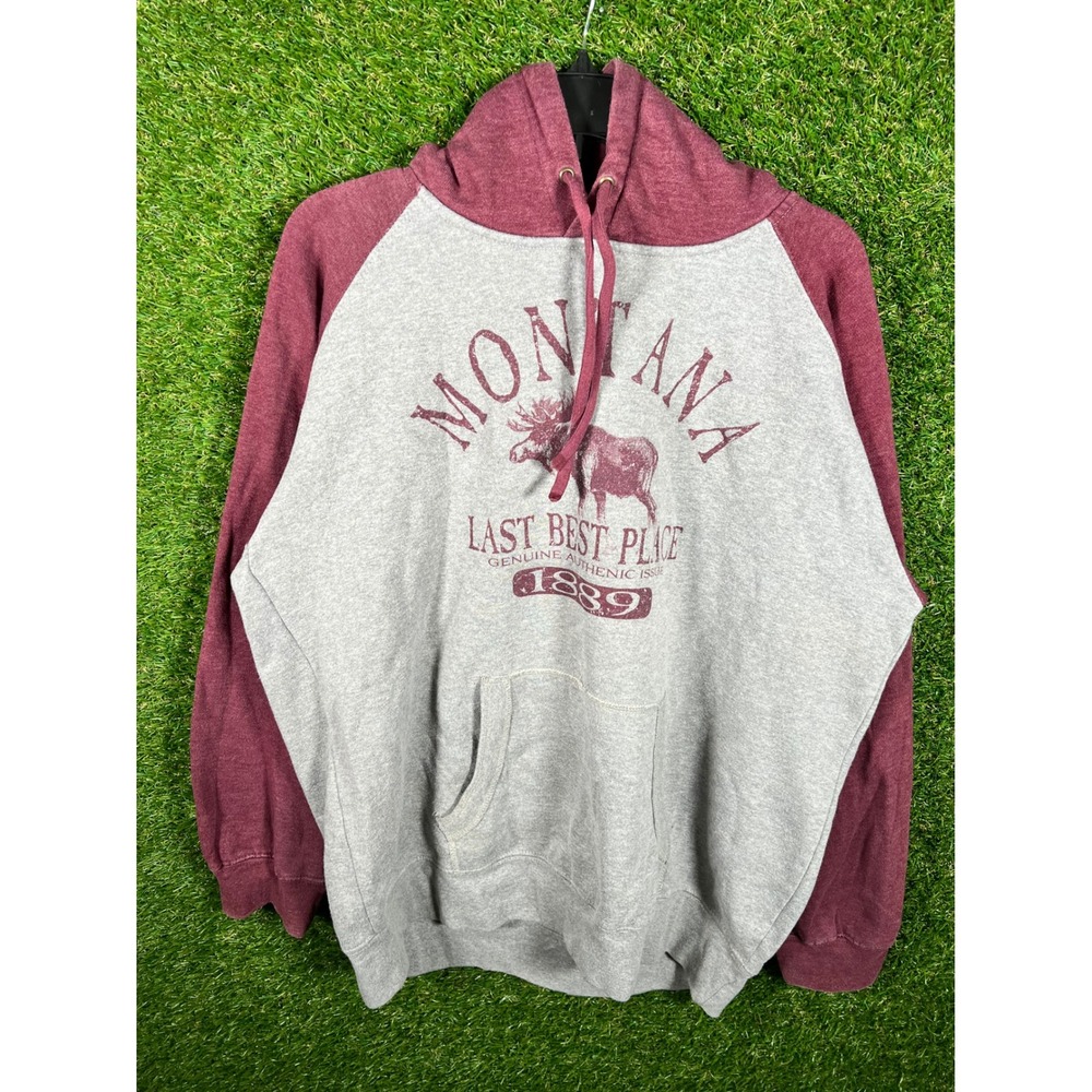 Prairie Mountain Montana Last Best Place Moose Raglan Hoodie Grey Burgundy XXL